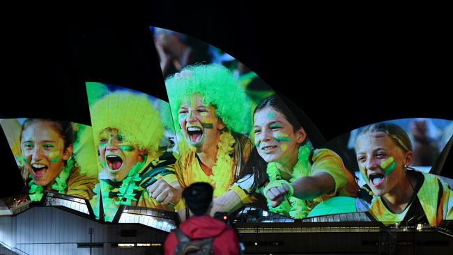 The Sydney Opera House is illuminated in support of Australia and New Zealand’s World Cup build.