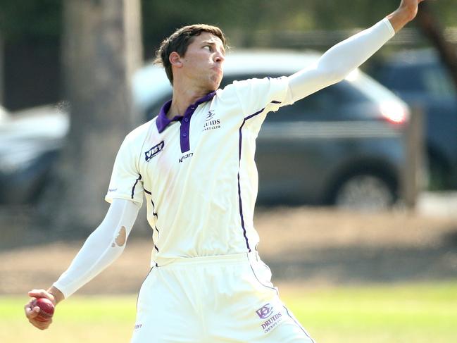 Micky Hay of Druids bowling during VTCA grand final: Druids v Airport West St Christophers on Saturday, March 16, 2019, in West Footscray, Victoria, Australia. Picture: Hamish Blair