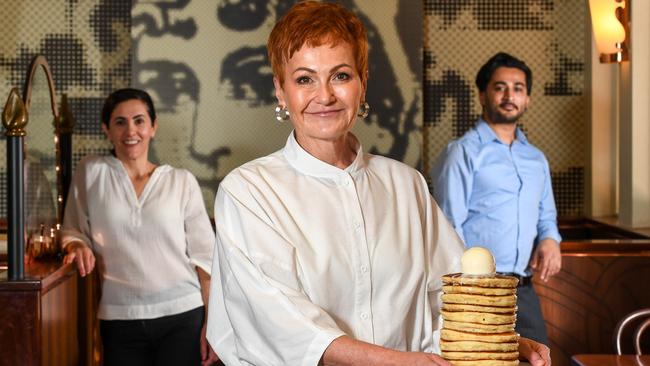 Pancake Parlour managing director Mandy David with HR Manager Adriana Pekic and Doncaster restaurant Manager Ron Singh. The restaurant is still taking pick-up orders and celebrated its 35th birthday this week. Picture: Penny Stephens.