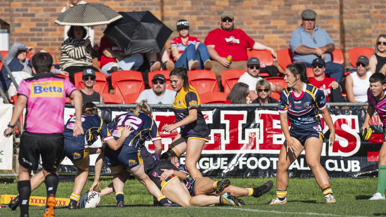 Gatton try by Sarah Hoger against Highfields in TRL Women grand final rugby league at Toowoomba Sports Ground, Saturday, September 14, 2024. Picture: Kevin Farmer