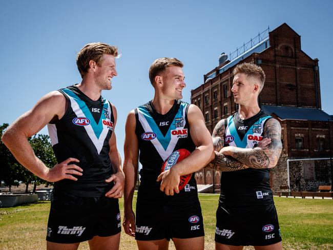 Port Adelaide's Leadership Group Co-Captains Tom Jonas and Ollie Wines with deputy Hamish Hartlett at Harts Mill, Port Adelaide. Picture Matt Turner