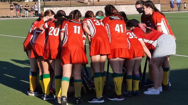 Fantastic team spirit was on show during Ipswich’s junior hockey grand finals, like that displayed by C-Grade grand final-winning Northern Strikers players. Picture: David Lems