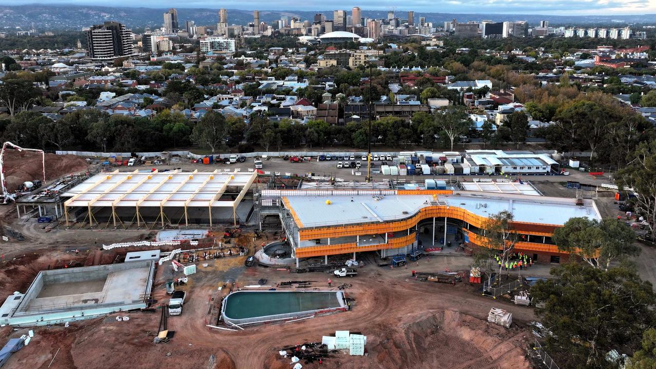 A bird’s eye view of the Adelaide Aquatic Centre the city skyline. Picture: Supplied