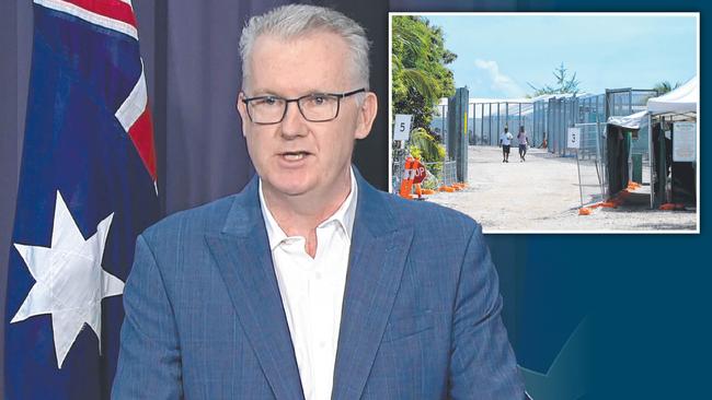 Home Affairs Minister Tony Burke in Canberra on Sunday, and, right, a detention centre on Nauru. Picture: ABC, Nathan Edwards