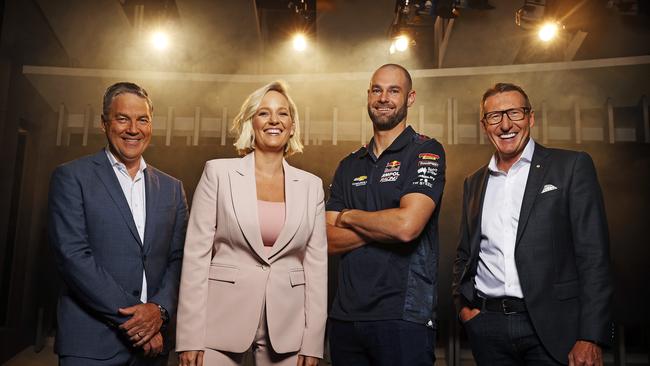 (L-R) Neil Crompton, Jess Yates, Shane van Gisbergen and Mark Skaife, pictured at Tuesday’s launch of the upcoming Supercars Season. Picture: Tim Hunter.