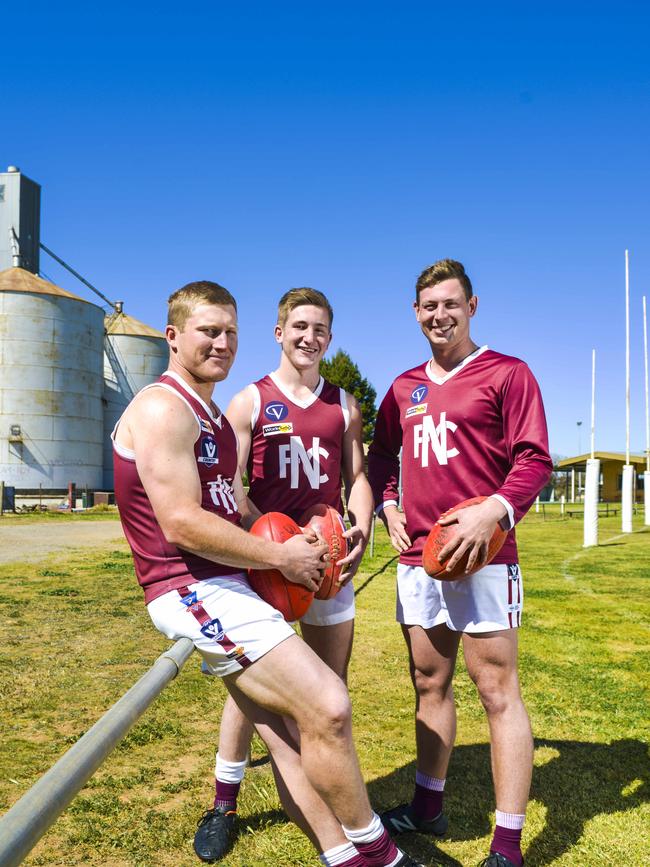 Nullawil’s Jordan Humphreys, centre, will co-coach Calder United next year. He is pictured with Daniel Watts and Tom Fawcett in 2018. Picture: Dannika Bonser