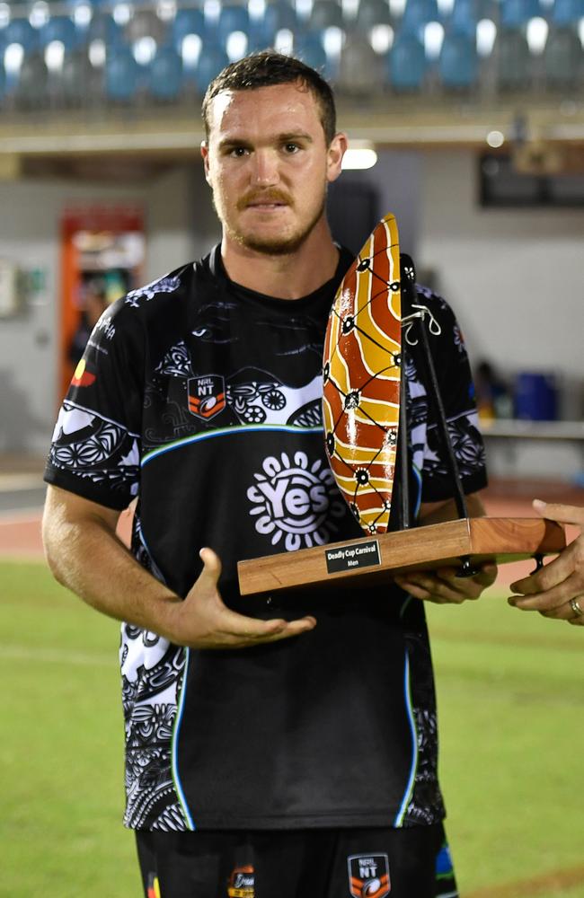 Indigenous All Stars captain Blake Fletcher with the 2023 Deadly Cup Carnival trophy. Picture: Pema Tamang Pakhrin