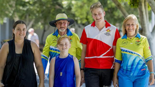 Lisa Christainsen, 32, Hayden Christainsen, 8, Digby Warren, 80, Matthew Sharp, 17, and Tiffany Sharp, 49, are all part of the 2018 Gold Coast Commonwealth Games. Picture: Jerad Williams