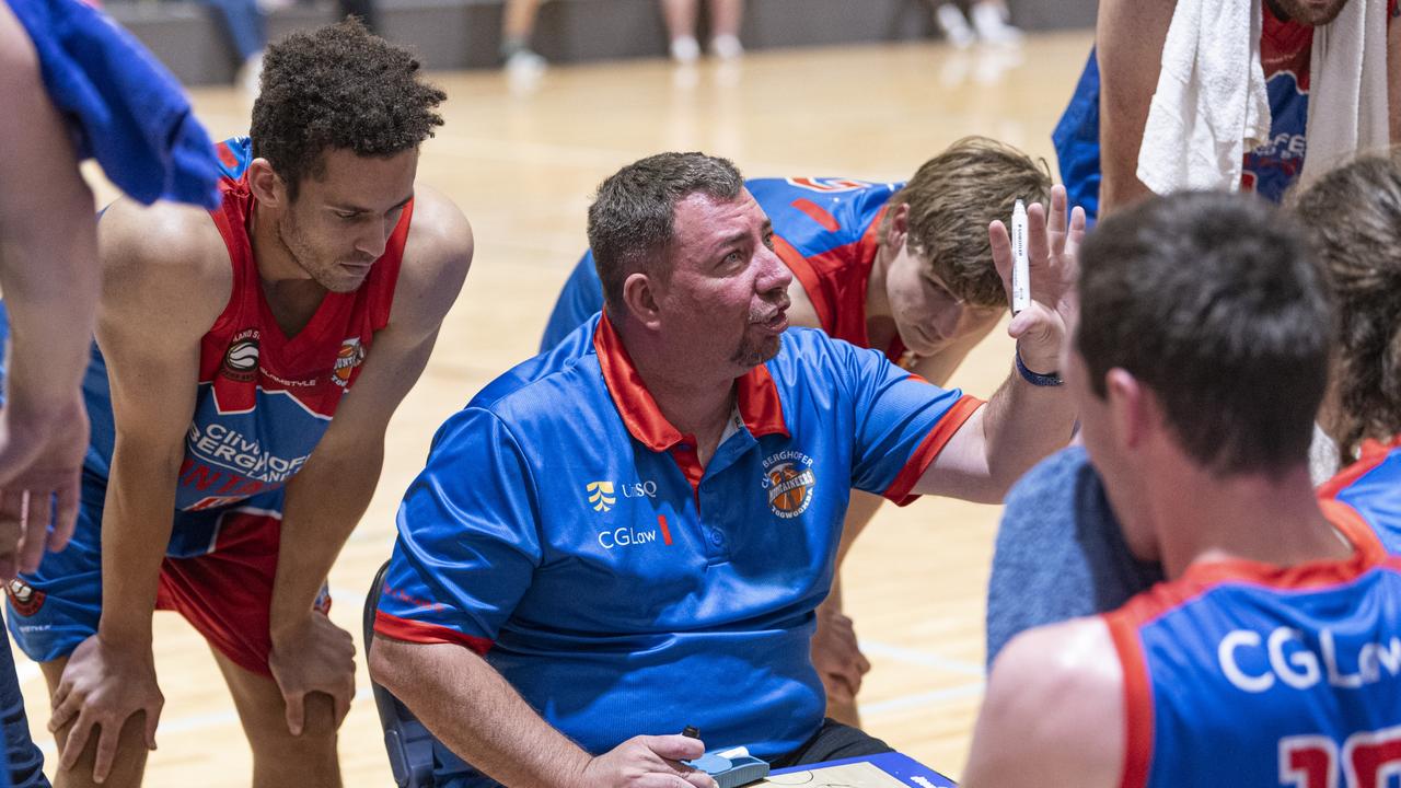 Toowoomba Mountaineers coach Sean Connelly during a time-out against Northside Wizards. Picture: Kevin Farmer