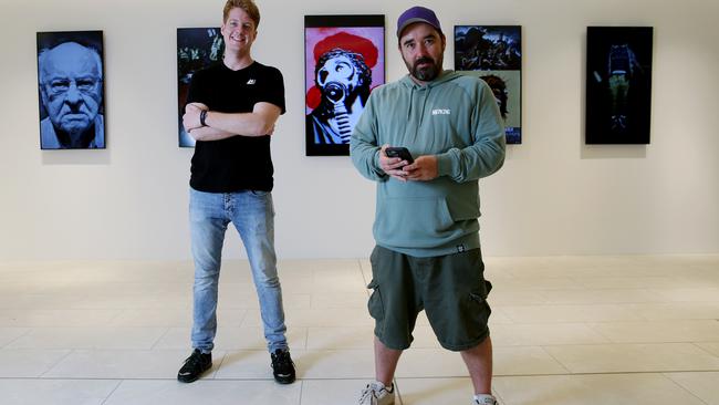 Artist Luke Cornish, right, with Duco van Breemen, co-creator of The Kimmies, at the Edge of Chaos exhibition. Picture: Jane Dempster