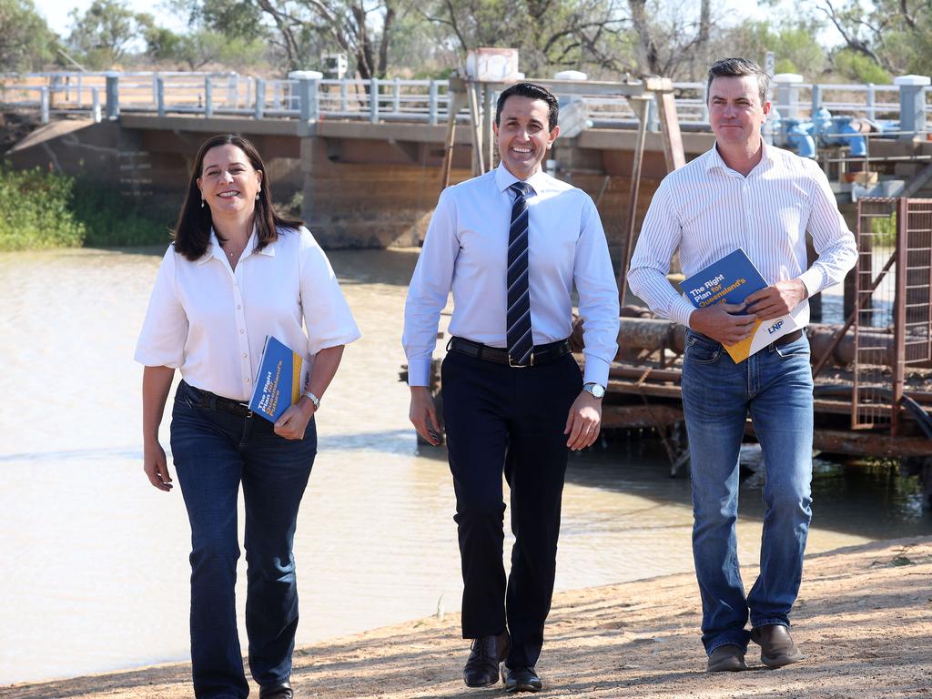 Opposition energy spokeswoman and Nanango MP Deb Frecklington, Leader of the Opposition David Crisafulli, and LNP candidate for Gregory Sean Dillon, on the campaign trail in Longreach. Picture: Liam Kidston.