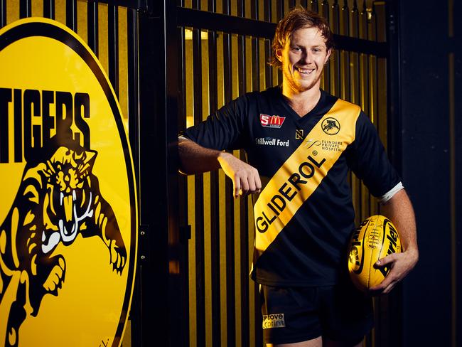 Glenelg's Josh Scott poses for a picture at Glenelg Oval, after kicking five goals against the Crows to sit second on SANFL goal kicking standings, Tuesday, May 22, 2018. (AAP Image/MATT LOXTON)