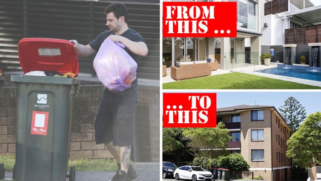 Anthony Koletti takes out the garbage, left, at his new simple home in Vaucluse, bottom right. The digs are a far cry from the mansion, top right, he shared with conwoman wife Melissa Caddick. Pictures: John Grainger/Supplied