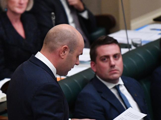 Liberal MP Sam Duluk reads a statement to the house during Question Time at the South Australian Parliament in Adelaide, Wednesday, February 5, 2020. Mr Duluk is accused of slapping Ms Bonaros on the backside and making inappropriate comment. (AAP Image/David Mariuz) NO ARCHIVING