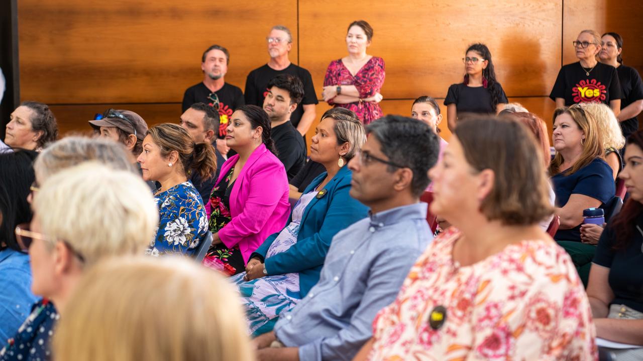 Karama MLA Ngaree Ah Kit, Arnhem MLA Selena Uibo and Arafura MLA Manuel Brown were among dozens of people at the CDU ceremony on Monday. Picture: Alayna Hansen / Charles Darwin University