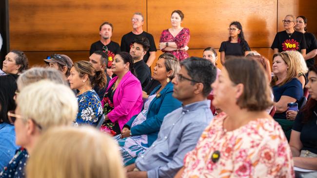 Karama MLA Ngaree Ah Kit, Arnhem MLA Selena Uibo and Arafura MLA Manuel Brown were among dozens of people at the CDU ceremony on Monday. Picture: Alayna Hansen / Charles Darwin University