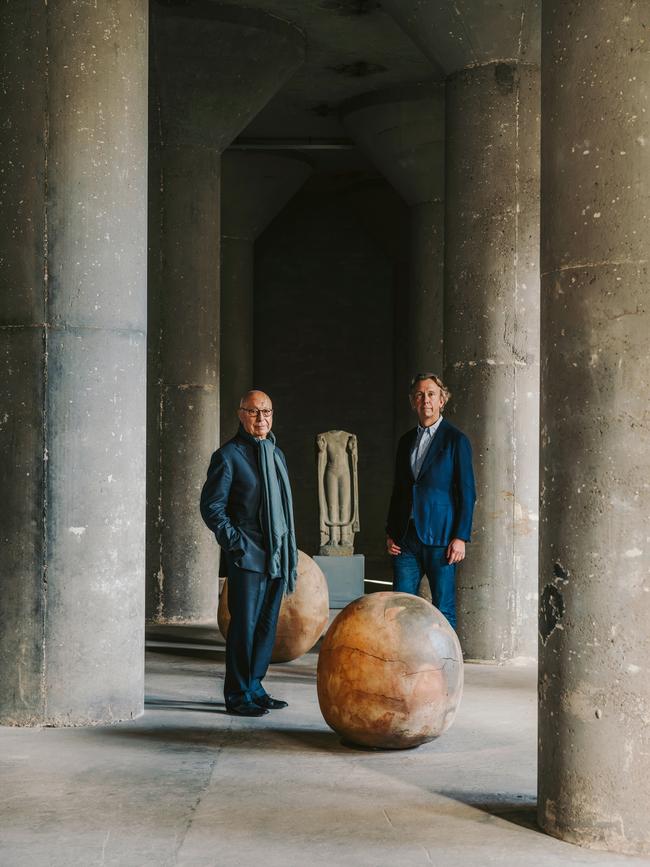 Axel and Boris flanking a torso of Buddha and work by Bosco Sodi in a Kanaal sculpture gallery. Picture: Salva López for WSJ. Magazine