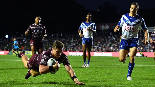 Reuben Garrick scored a double in Manly’s victory over the Bulldogs. (AAP Image/Joel Carrett)