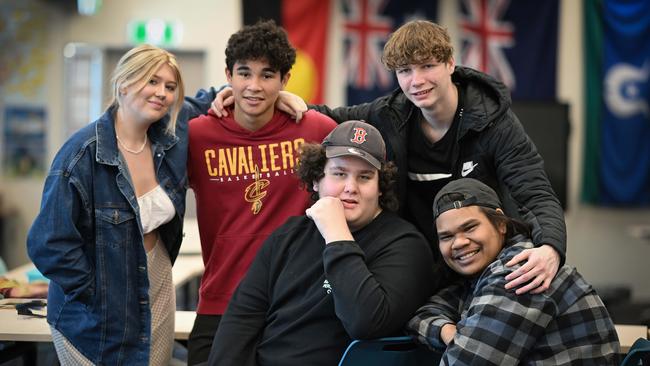 Queensland Pathways State College students, from left, Ruby, 17, Jager, 17, Harry, 16, Braith, 17, and Tariq, 16. Picture: Lyndon Mechielsen