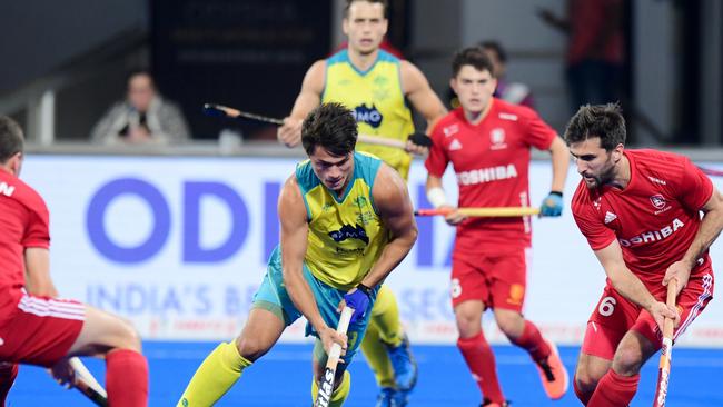 Tim Brand in action for the Kookaburras during the 2018 Men's Hockey World Cup. Picture: Hockey Australia/WorldSportPics