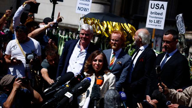 Stella Assange Julian Assange’s wife, addresses members of the media outside The Royal Courts of Justice, after hearing the news that his bid to appeal against his extradition to the US had been granted. Picture: AFP.