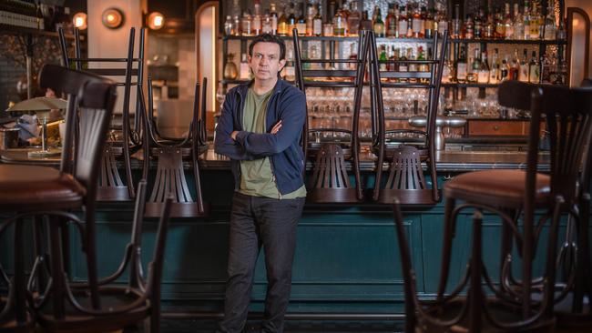 Andrew McConnell, restaurateur in his closed Gimlet restaurant CBD, which opened for just two before lockdown. Picture: Jason Edwards