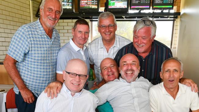 Tommy Twomey (centre) was joined by half a dozen friends from across Ireland and Wales after another friend in Australia, Kevin King organised a reunion at the 2023 Ballina Cup. The men jumped at the chance as some haven't seen one another in over 20 years. Picture: Cath Piltz