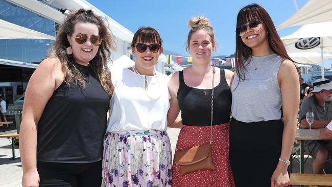 From left, Naylie Barnes, of Ranelagh, Amanda Thompson, of Lindisfarne, Lisa Rankin, of Lenah Valley, and Dree Tan, of Howrah, enjoy the weather at the Taste. Picture: LUKE BOWDEN