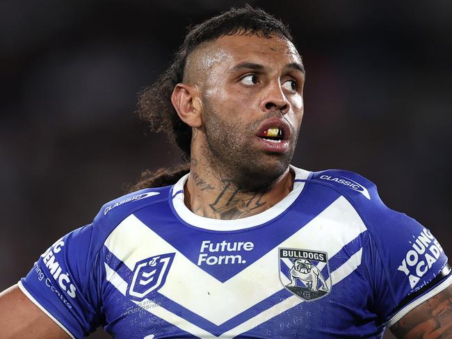 SYDNEY, AUSTRALIA - AUGUST 30:  Josh Addo-Carr of the Bulldogs looks on during the round 26 NRL match between Canterbury Bulldogs and Manly Sea Eagles at Accor Stadium on August 30, 2024, in Sydney, Australia. (Photo by Cameron Spencer/Getty Images)