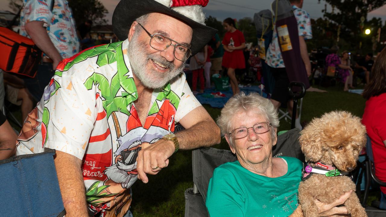 Peter Bonaventura, Jane Blood and Georgie (dog) at Habana Carols Under the Stars 2023. Saturday 23 December 2023 Picture:Michaela Harlow