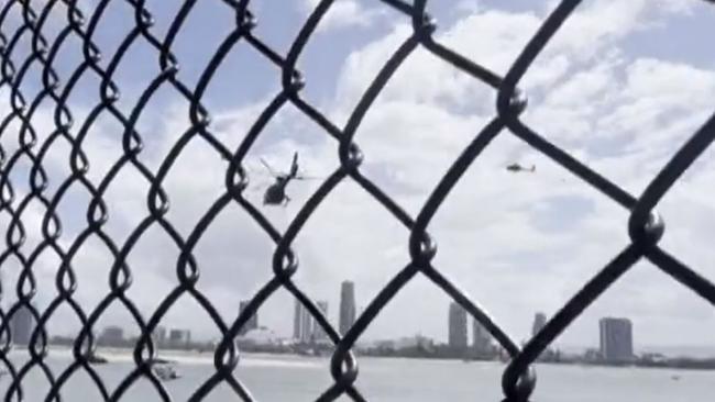 Vision shows moments before the crash when two helicopters collided near Seaworld on the Gold Coast. Picture: 9NEWS