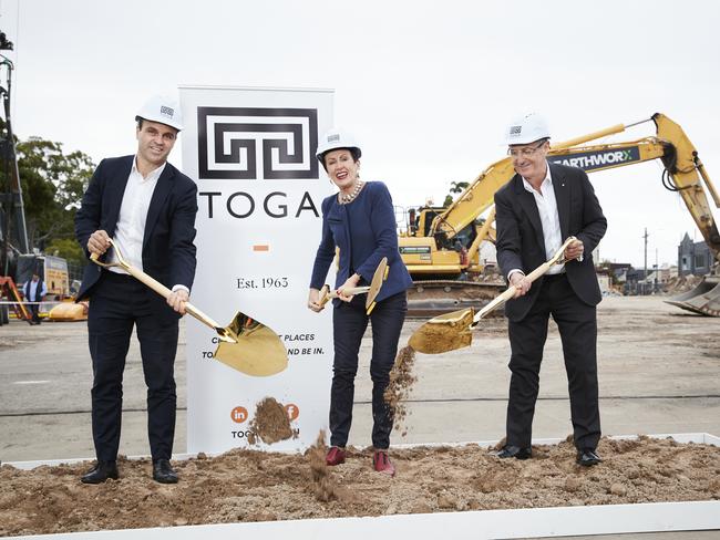 Toga's Fabrizio Perilli, Lord Mayor Clover Moore and Toga managing director Allan Vidor at the Surry Hills Village sod turning.