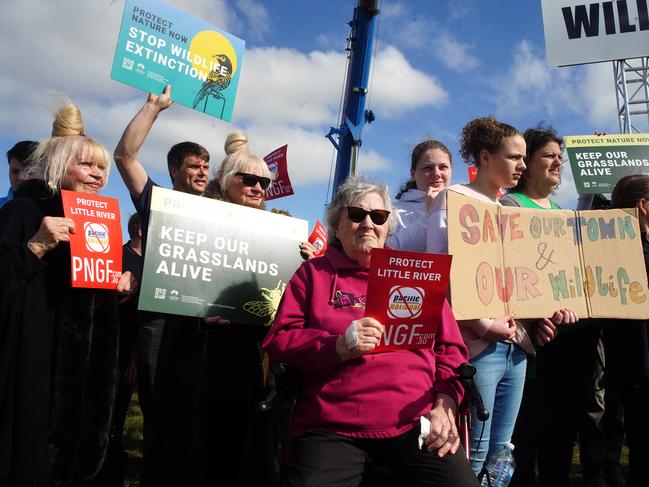 MELBOURNE AUSTRALIA - NewsWire Photos AUGUST 24, 2024:  Protestors rally against a $3 billion freight hub at Little River.Picture: NewsWire / Luis Enrique Ascui