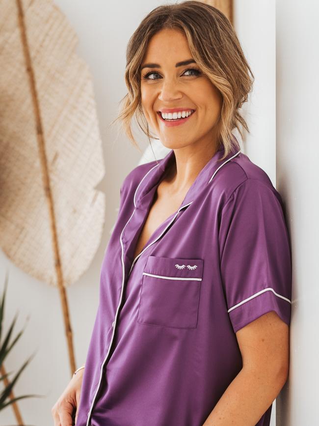 Georgia Love is donating $10 from every pair of satin purple pyjamas sold in her Georgia Elliott sleepwear line to Pancare. Picture: Ali Rasoul