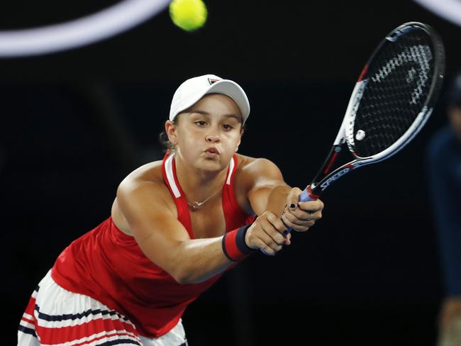 Ashley Barty stretches for a backhand against Aryna Sabalenka. Picture: Michael Klein