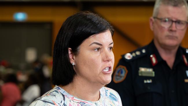 Chief Minister Natasha Fyles and NT Police Commissioner Jamie Chalker visited evacuees at the Howard Springs facility near Darwin. Picture: Pema Tamang