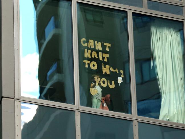 The Westin Hotel and the Four Points Sheraton  are being used as Hotel Quarantine venues during the Covid Pandemic. Signs in the window of The Westin Hotel. Brisbane CBD Tuesday 22st June 2021 Picture David Clark