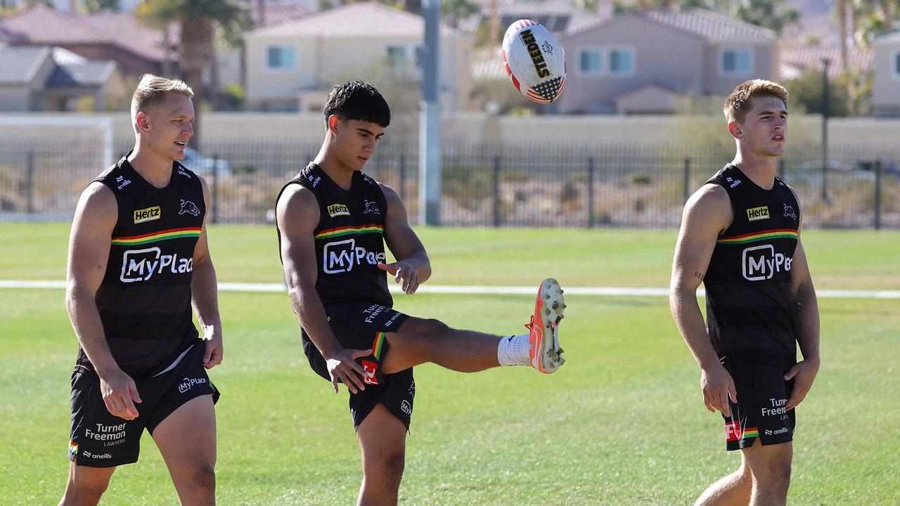 Brad Schneider, Blaize Talagi and Jack Cole of the Panthers during a Penrith Panthers NRL training session at James Regional Sports Park on February 24, 2025 in Las Vegas, Nevada. Ethan Miller/Getty Images/AFP