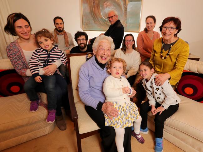 07/07/2019: Four generations in one room. 92 year old Huguette Setton surrounded by her family. Daughter Talya Pasmanik 68 (right) & her husband Joe 72 (back), Grand Kids-  Len Bennett 43, Davina Bennett 38, Philip Setton 31, Michelle 40, Katherine 36, & Great Grand kids Mali 7, Poppy 4 & Tara 2.  Stuart McEvoy/The Australian.