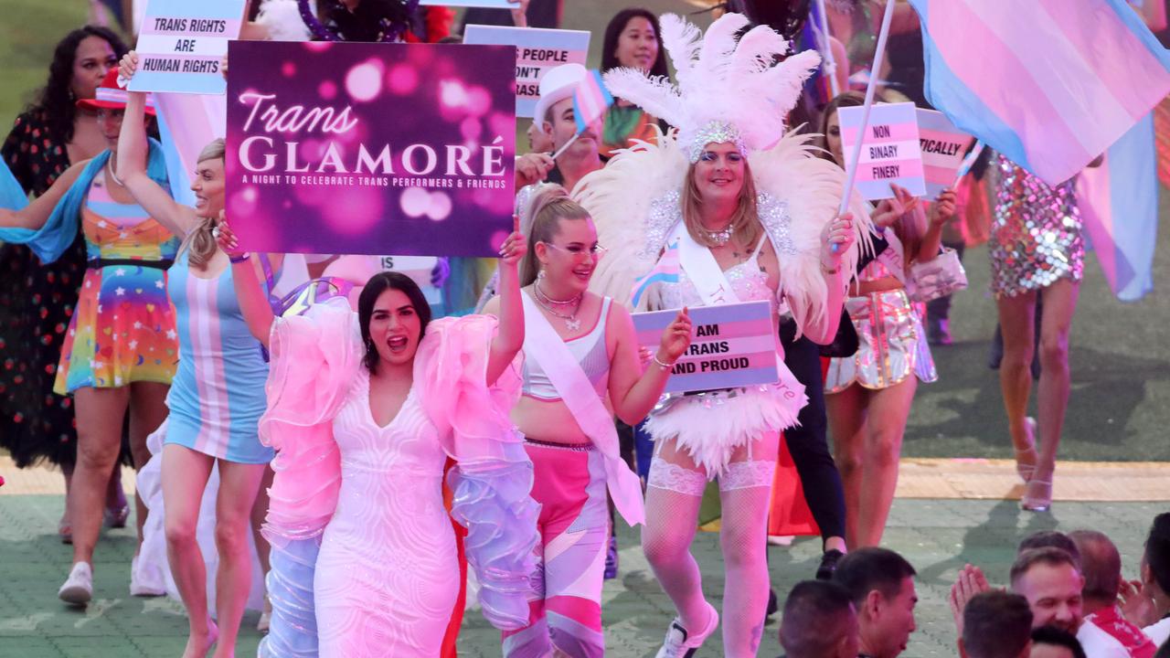 Trans Glamore put on a show, waving the trans pride flag and donned with sparkles. Picture: Damian Shaw