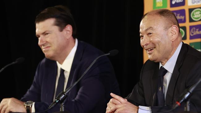 DAILY TELEGRAPH. JANUARY 31, 2023.Pictured at Matraville Sports High School today is new Wallabies head coach Eddie Jones during a press conference with Chairman of Australian Rugby Union Hamish McLennan, and CEO of Australian Rugby Union Andy Marinos, to announce his appointment. Picture: Tim Hunter.