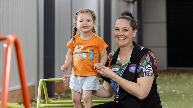 Kate Walburn and Evie Walburn, 2, pictured at Goodstart Early Learning in Murrarie, Brisbane. Picture: Josh Woning