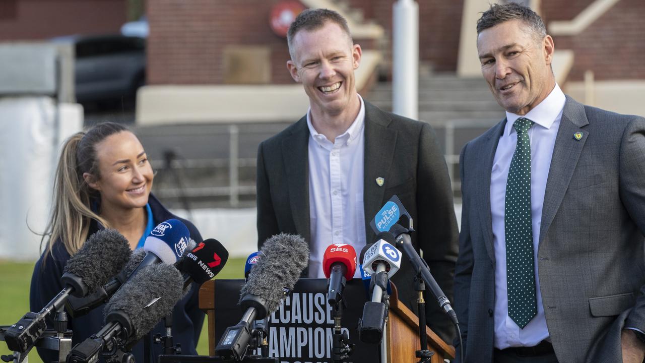 Nicole Bresnehan, Jack Riewoldt and Alastair Lynch at the AFL’s Tasmania annoucement. Picture: Chris Kidd