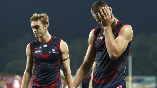 Max Gawn leaves TIO Stadium as if wondering what could have been. Picture: Dylan Burns.