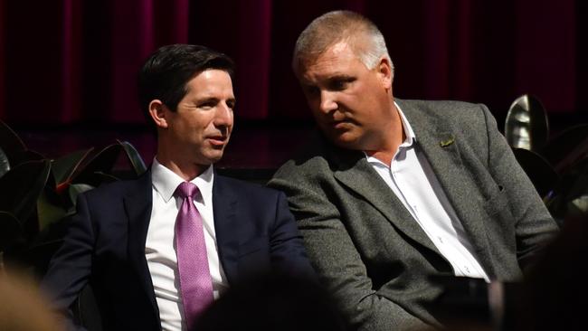 Federal Minister for Education Simon Birmingham and LNP candidate for Longman Trevor Ruthenberg at a Catholic schools parents’ forum in Caboolture yesterday. Picture: AAP/Mick Tsikas