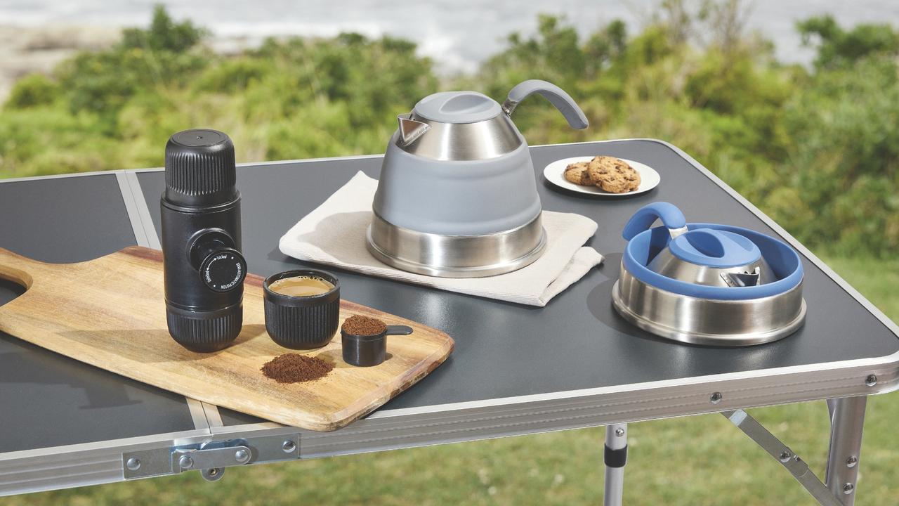 Portable coffee maker and outdoor 12V kettle for $40 – and the collapsible kettle $30. Picture: Aldi