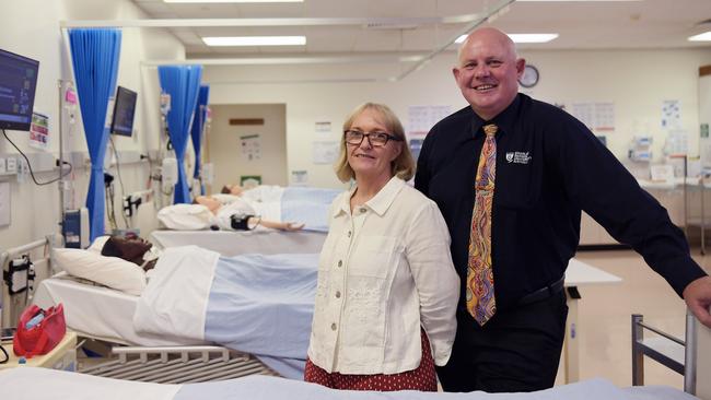 Dr Dianne Stephens and Charles Darwin University Vice Chancellor Scott Bowman in the nurse training labs that they hope will be part of a Medical School in coming years. Picture: (A)manda Parkinson