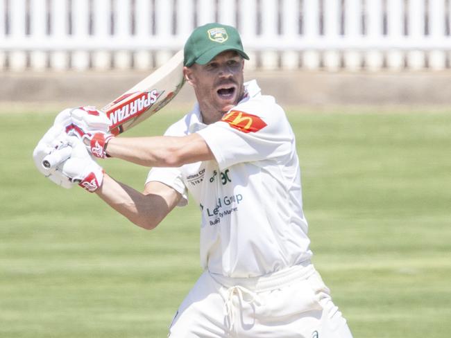 David Warner bats during a Sydney cricket game at Pratten Park, Ashfeld, last October.