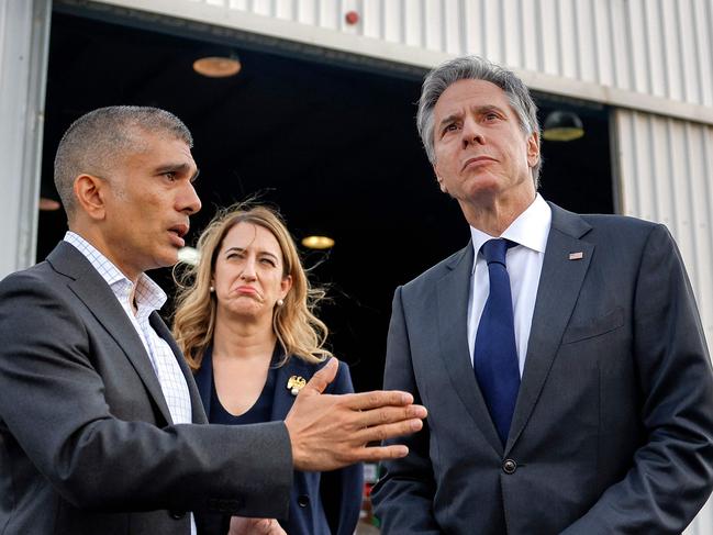 US Secretary of State Antony Blinken (R) speaks with Prince Rashid (L), head of the Board of Trustees for the Jordanian Hashemite Charity Organisation (JHCO), as they visit a warehouse with humanitarian aid bound for Gaza at the JHCO in Amman. Picture: AFP