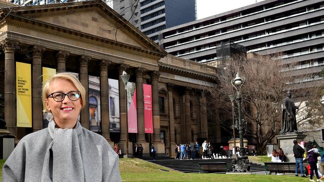 Lord Mayor Sally Capp outside one of her favouite places in Melbourne, the State Library. Picture: Nicole Garmston